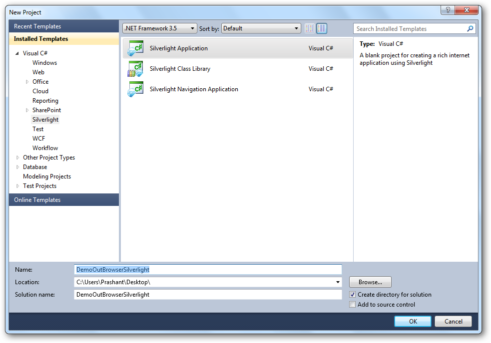 Creating a new silverlight app in Visual Studio
